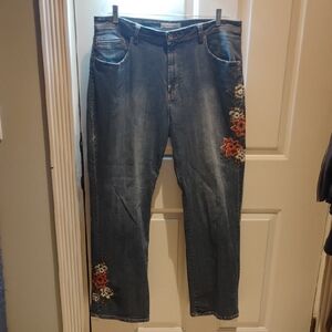 Chico's  Platinum Denim Jeans with Floral Studded Embroidery. Size 3